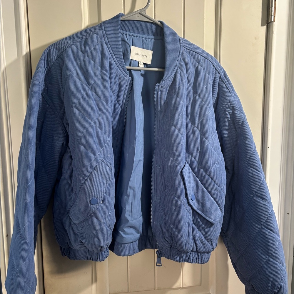 Blue Quilted Bomber Jacket